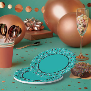 Teal Green Western Bandana Print Birthday Party Paper Plates