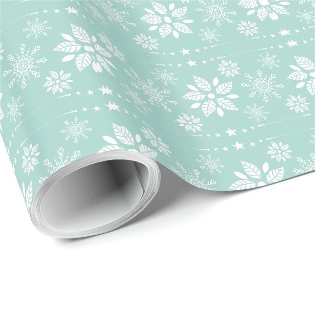 Teal-Green & White Abstract Christmas Snowflake Wrapping Paper (Roll Corner)