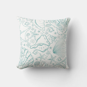 Teal Green White Beachy Seashells Throw Pillow