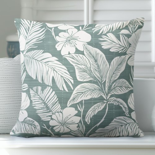 Teal Green  White Coastal Floral Throw Pillow