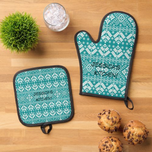 Teal Green  White Fair isle Pattern Background Oven Mitt  Pot Holder Set