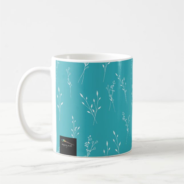 Teal Green White Flowers Pattern for Coffee Mugs (Left)