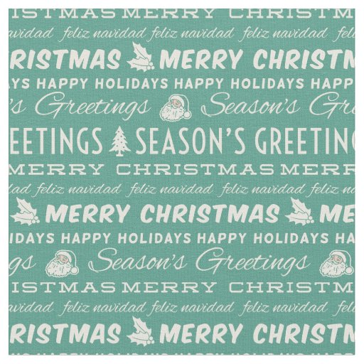 Teal Green White Merry Christmas Retro Typography Fabric