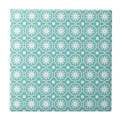 Teal green white modern geometric floral pattern ceramic tile