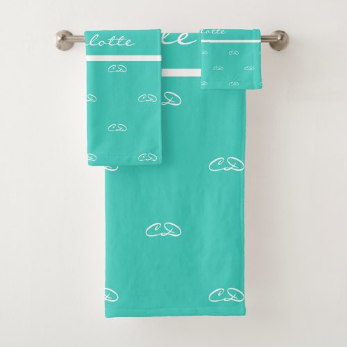 Teal green white monogram initials pattern name bath towel set