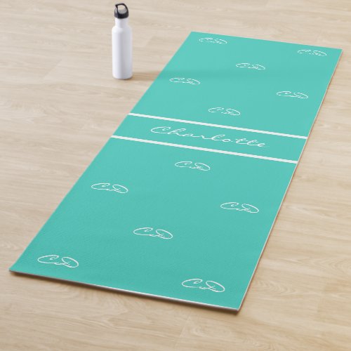 Teal green white monogram initials pattern name yoga mat