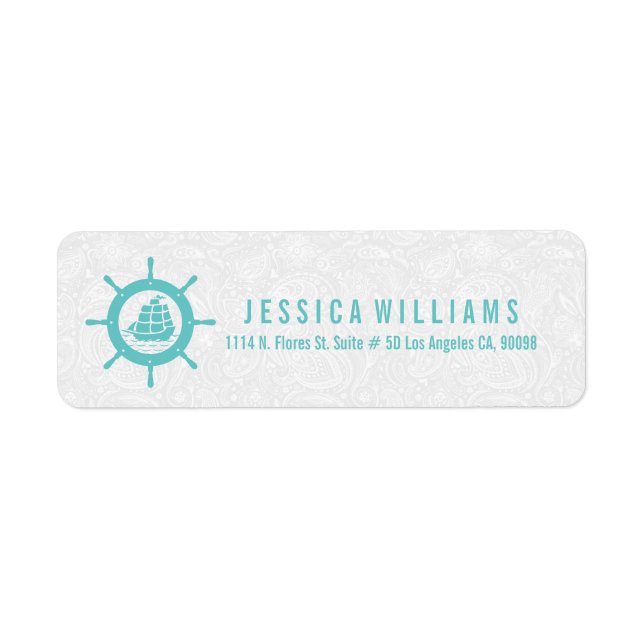 Teal Green & White Nautical Boat Wheel Label (Front)