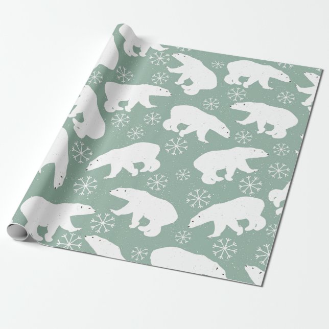 Teal Green & White Polar Bears Winter pattern Wrapping Paper (Unrolled)