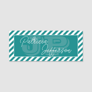 Teal Green White Striped Elegant Monogram Name Tag