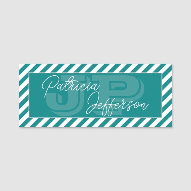 Teal Green White Striped Elegant Monogram Name Tag (Front)