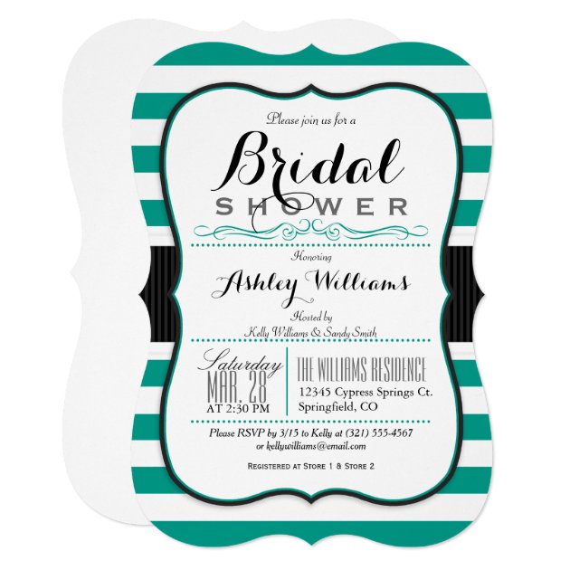 Teal Green & White Stripes; Elegant Bridal Shower Invitation