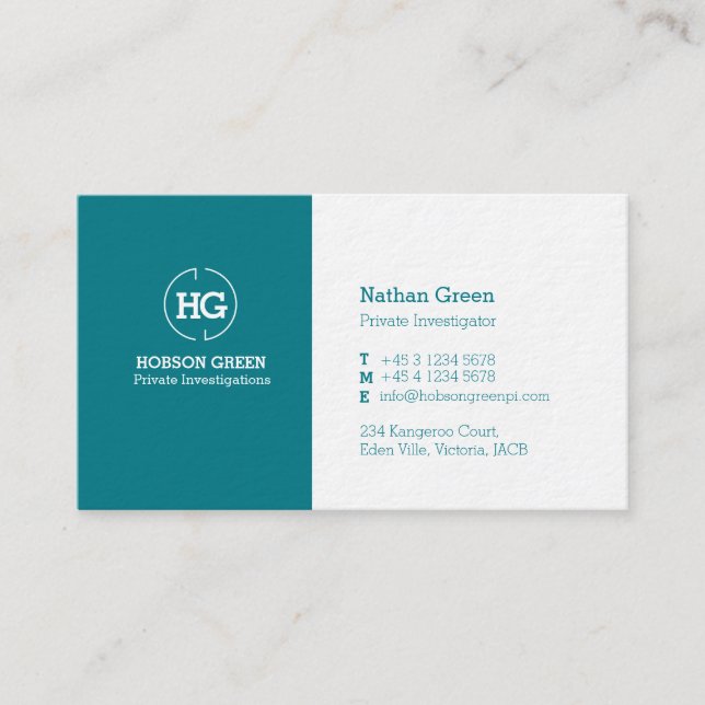 Teal green white two letter logo business card (Front)