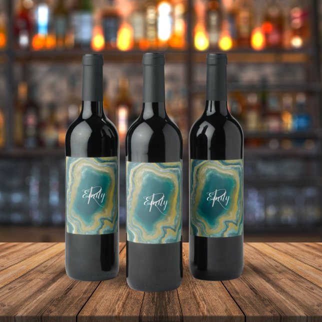 Teal Green Yellow Agate Monogram Wine Label (Creator Uploaded)