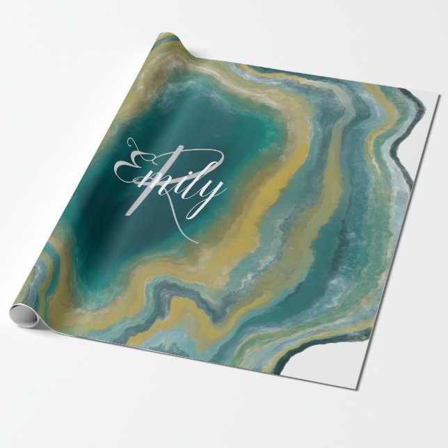 Teal Green Yellow Agate Swirls Custom Monogram Wrapping Paper (Unrolled)
