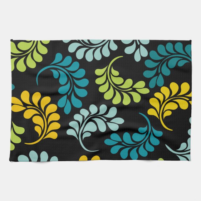 Teal Green Yellow Flowers Monogram Towel (Horizontal)