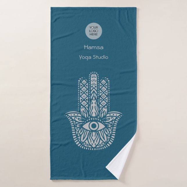 Teal Green Yoga Studio Hamsa Customizable Bath Towel (Bath Towel)