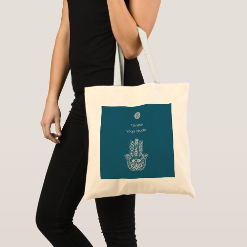 Teal Green Yoga Studio Hamsa Customizable Tote Bag