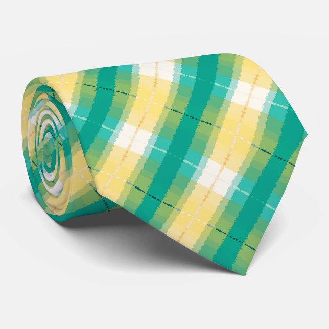 Teal Green Yolk Yellow White Striped Pattern Neck Tie (Rolled)