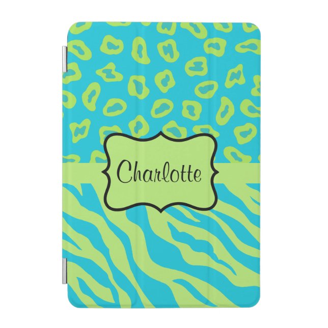 Teal Green Zebra Leopard Skin Name Personalized iPad Mini Cover (Front)