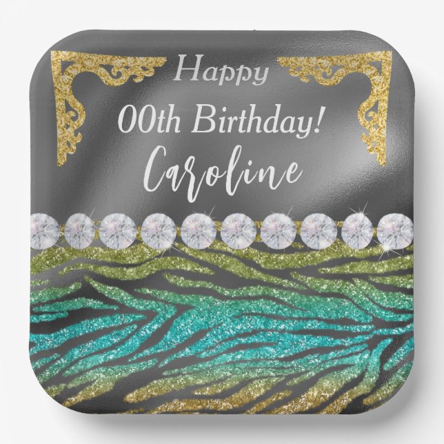 Teal Green Zebra Print & Gold Silver Birthday Paper Plates (Front)