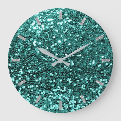 Teal Greenery Aqua Sparkly Faux Glitter Gray Glam Large Clock