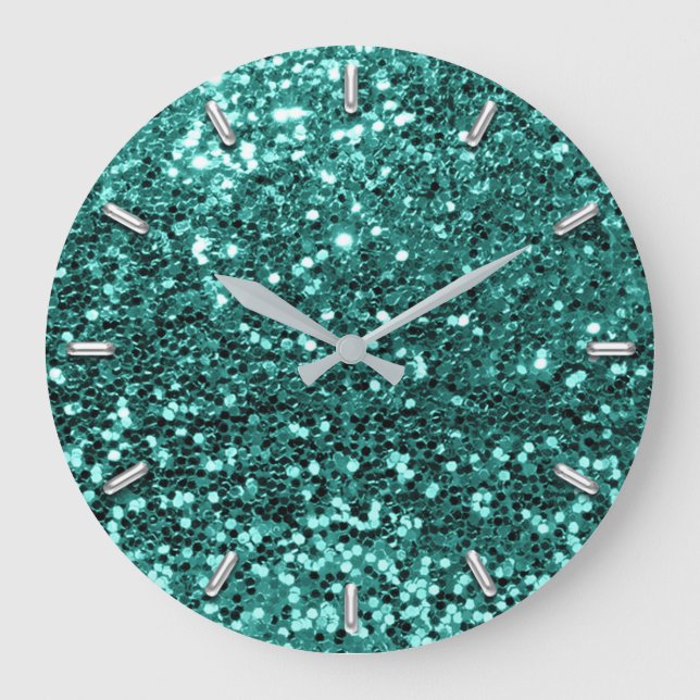 Teal Greenery Aqua Sparkly Faux Glitter Gray Glam Large Clock (Front)