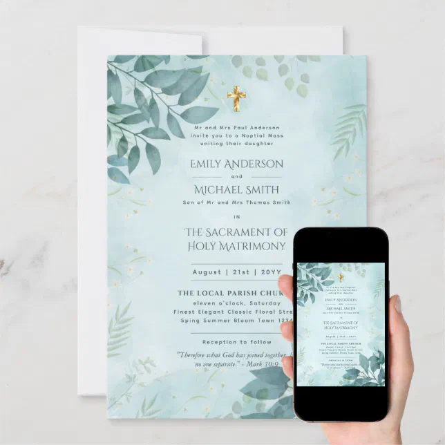 Teal Greenery Catholic Nuptial Mass Wedding Invitation | Zazzle