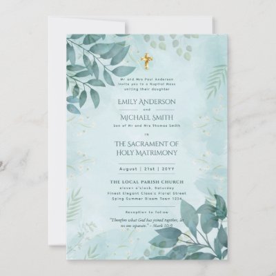 Teal Greenery  Catholic Nuptial Mass Wedding Invitation