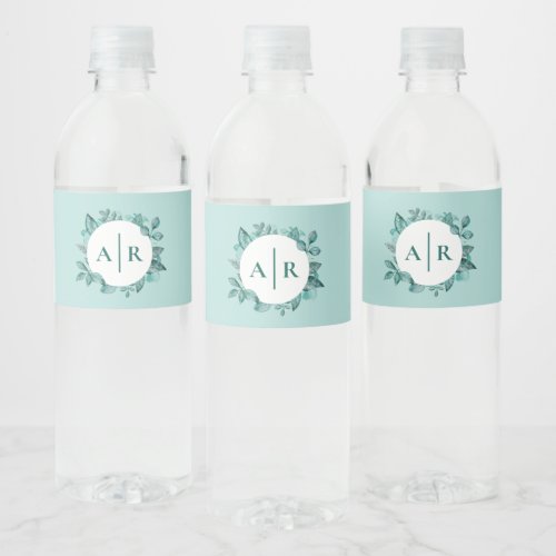 Teal Greenery Leaves Wedding Monogram Water Bottle Label