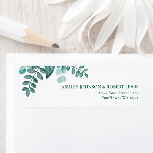 Teal Greenery Watercolor Wedding Return Address Label