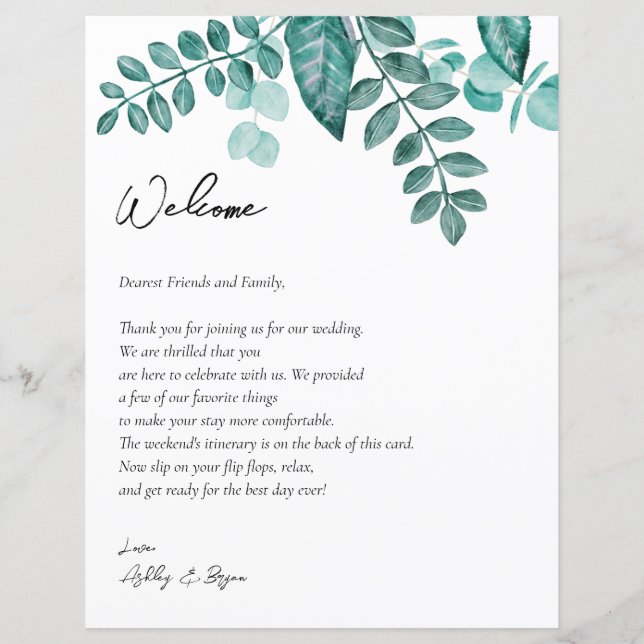 Teal Greenery Wedding Welcome Letter & Itinerary  (Front)