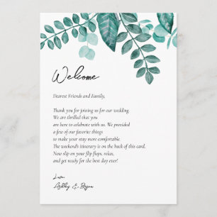 Teal Greenery Wedding Welcome Letter & Itinerary  Program