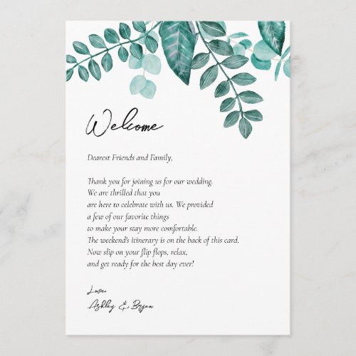 Teal Greenery Wedding Welcome Letter  Itinerary  Program