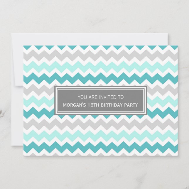 Teal Grey Chevron 16th Birthday Party Invitation (Front)