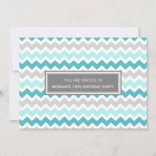 Teal Grey Chevron 16th Birthday Party Invitation