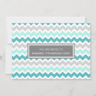 Teal Grey Chevron 17th Birthday Party Invitation