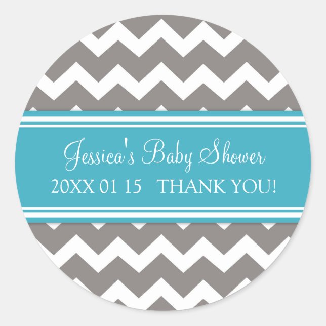 Teal Grey Chevron Baby Shower Favor Stickers (Front)