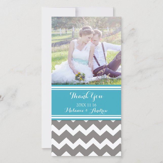Teal Grey Chevron Thank You Wedding Photo Cards (Front)