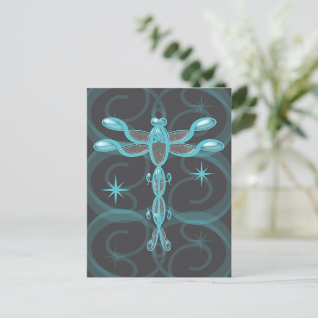 Teal, Grey, Glass Dragonfly with Stars Postcard (Standing Front)