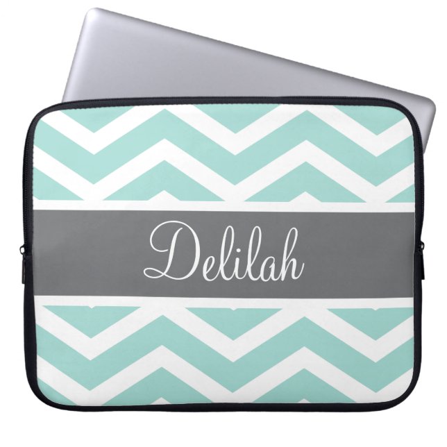 Teal Grey Gray Chevron Custom Laptop Sleeve (Front)
