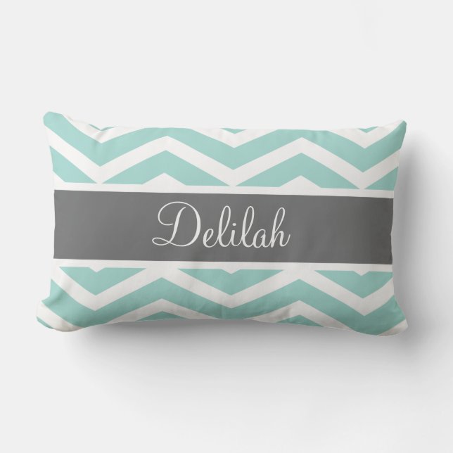 Teal Grey Gray Chevron Custom Lumbar Pillow (Front)