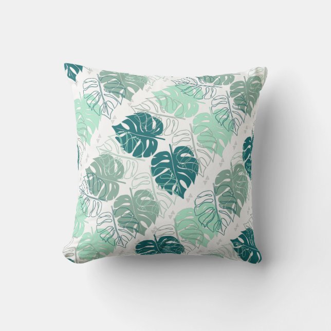 Teal & grey monstera leaves pattern throw pillow (Front)