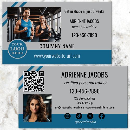 Teal Grey Personal Fitness Trainer Photo Business Card