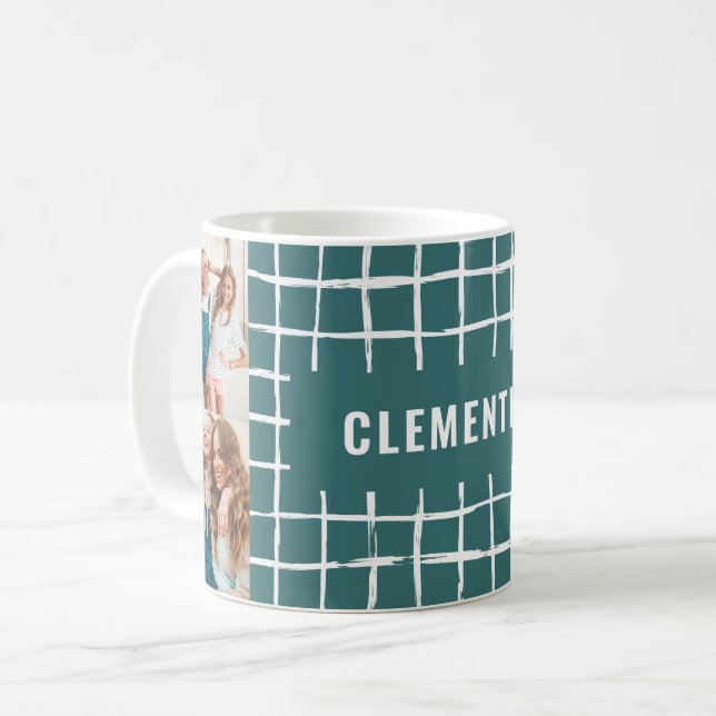 Teal grid 4 photo modern minimal simple coffee mug (Front Left)