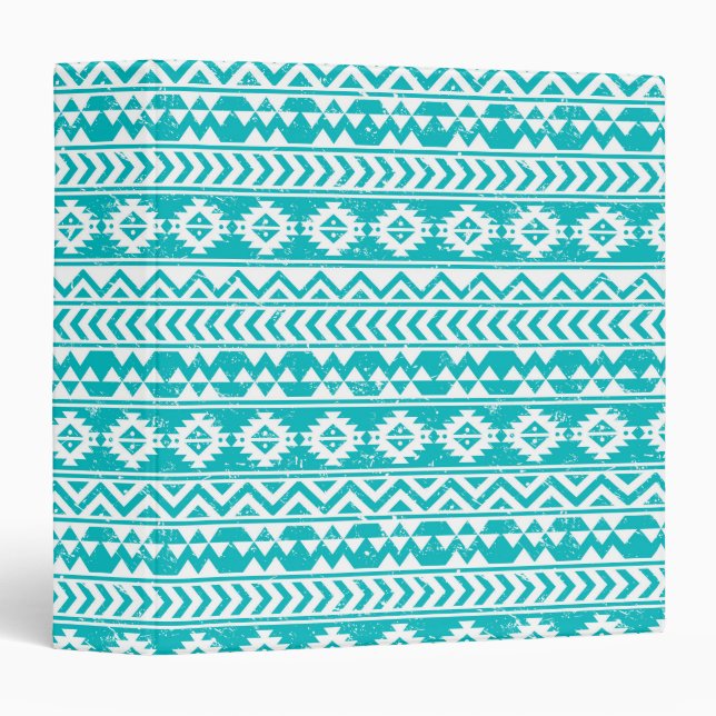 Teal Grunge Aztec Tribal Pattern 3 Ring Binder (Front/Spine)