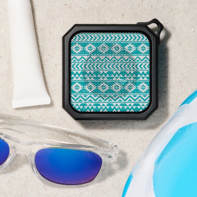 Teal Grunge Aztec Tribal Pattern Bluetooth Speaker (Insitu(Beach))