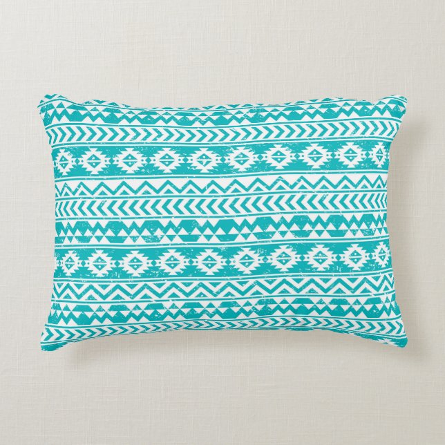Teal Grunge Aztec Tribal Pattern Decorative Pillow (Front)