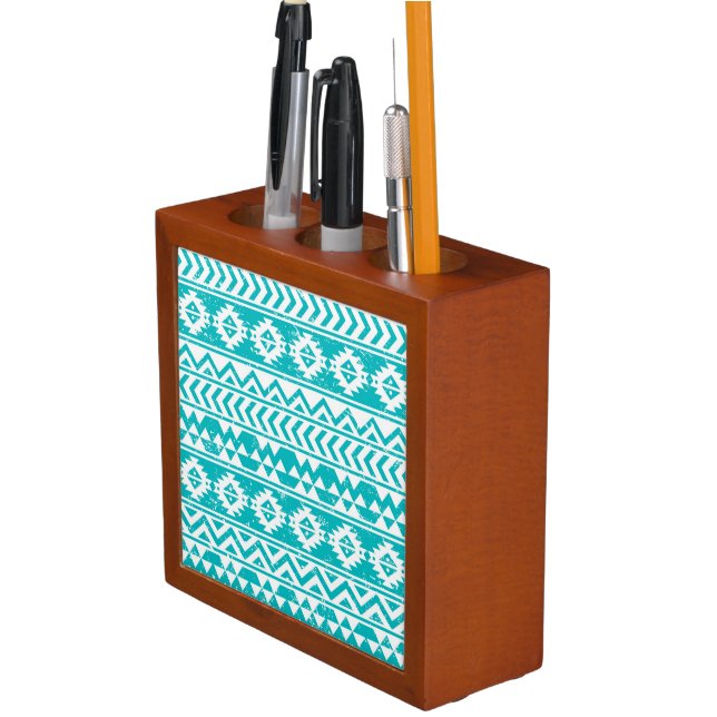 Teal Grunge Aztec Tribal Pattern Desk Organizer (In Situ)