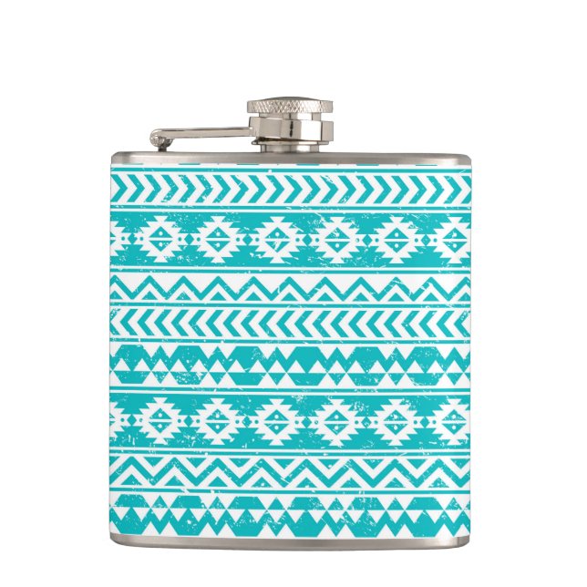 Teal Grunge Aztec Tribal Pattern Flask (Front)