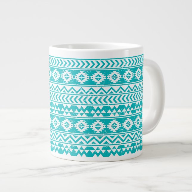 Teal Grunge Aztec Tribal Pattern Large Coffee Mug (Front Right)